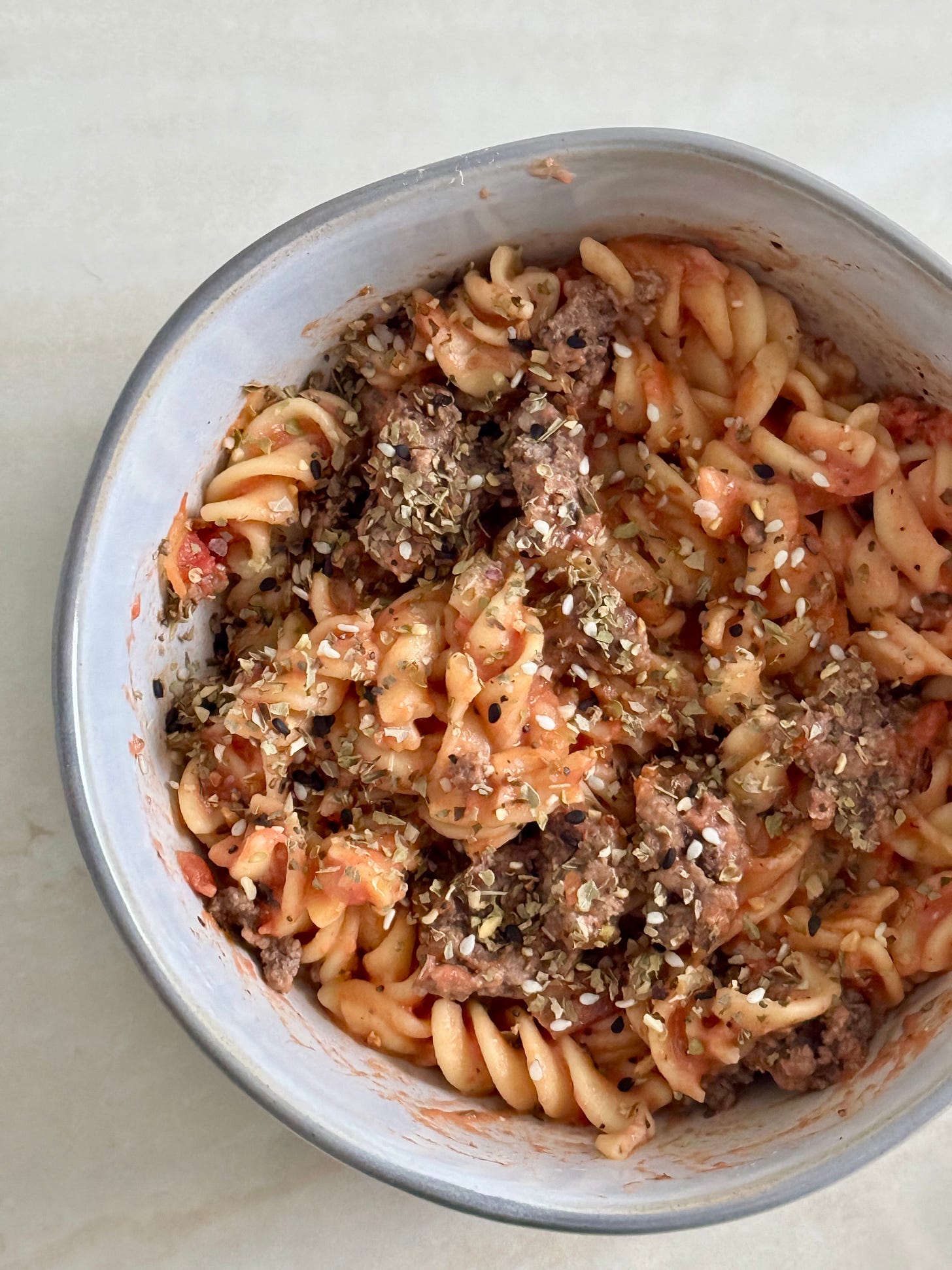 Creamy tomato pink pasta with garlicky ground beef