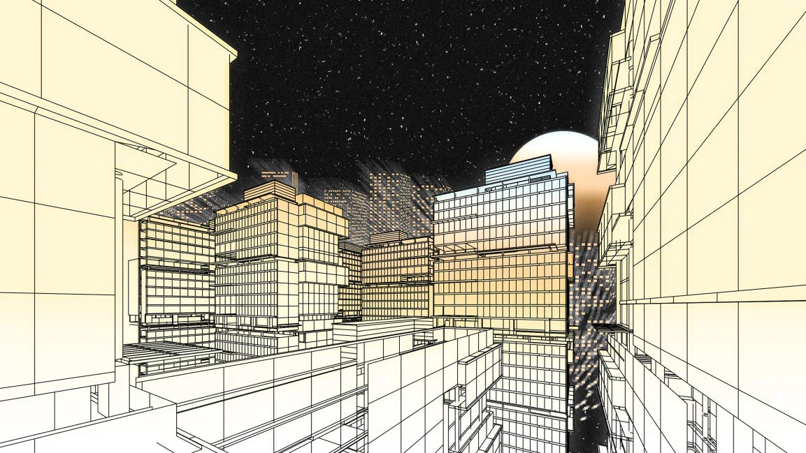 CAD-style architect’s drawing of an office building