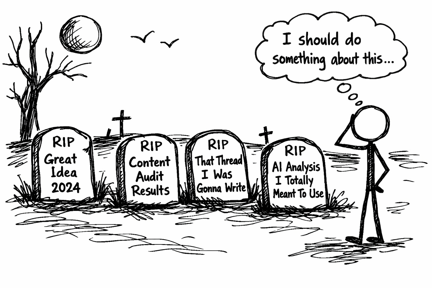Hand-drawn graveyard scene with four tombstones labeled 'RIP Great Idea 2024,' 'RIP Content Audit Results,' 'RIP That Thread I Was Gonna Write,' and 'RIP AI Analysis I Totally Meant To Use.' A stick figure stands beside the graves with thought bubble saying 'I should do something about this...' Dead tree, moon, and birds in background. Black Sharpie sketch illustrating how unactioned insights and ideas die from neglect. Hand-drawn graveyard scene with four tombstones labeled 'RIP Great Idea 2024,' 'RIP Content Audit Results,' 'RIP That Thread I Was Gonna Write,' and 'RIP AI Analysis I Totally Meant To Use.' A stick figure stands beside the graves with thought bubble saying 'I should do something about this...' Dead tree, moon, and birds in background. Black Sharpie sketch illustrating how unactioned insights and ideas die from neglect.