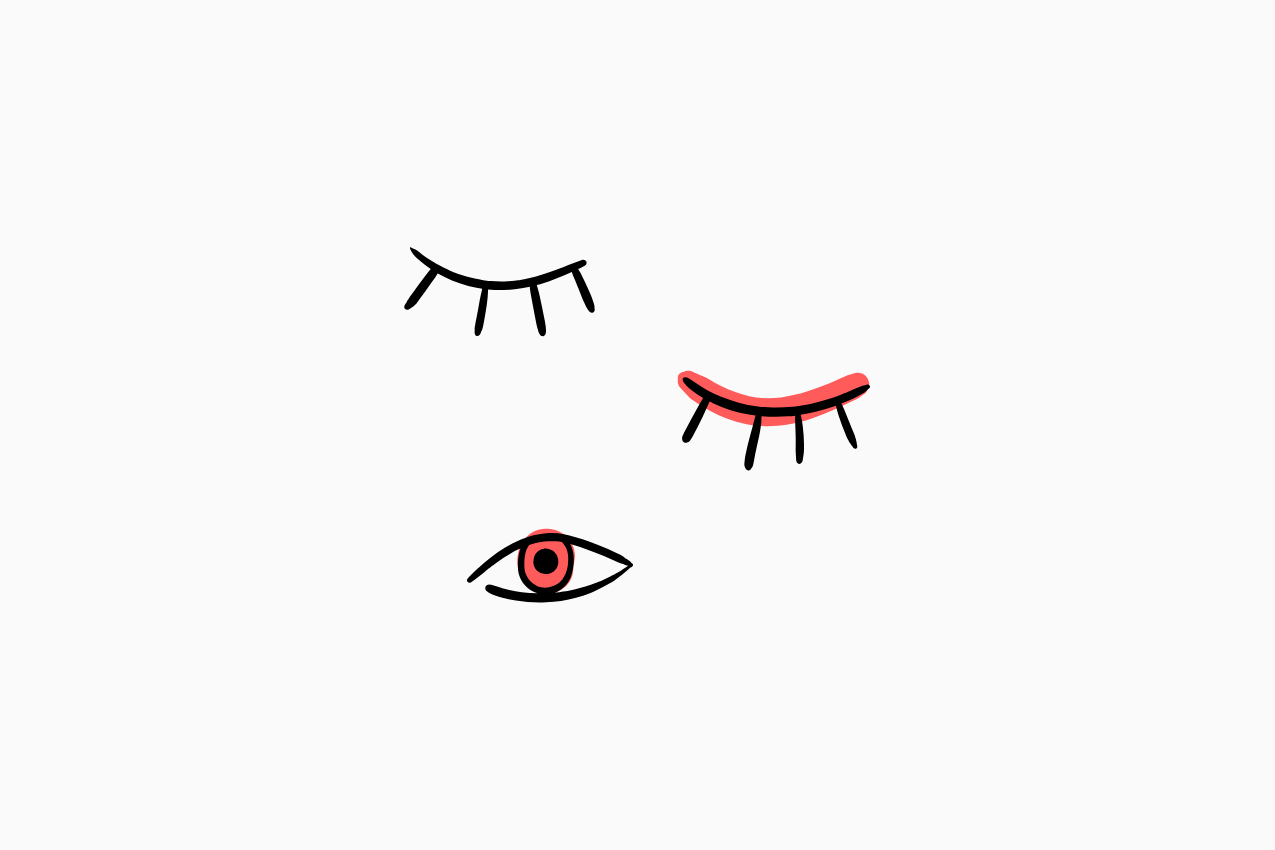 Title card for the Drawing Conclusions series at The Subtext Review, featuring three hand-drawn eyes in a staggered arrangement, two closed and one open, set against a cream background in representation of the literary cartoon “Verona, 5G.”