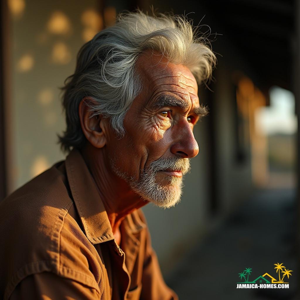 A weathered, ancient Jamaican farmer, with a face etched by centuries of wisdom and experience, gazes pensively into the distance, his worn, earth-toned clothing and wisps of gray hair illuminated by the warm, golden light of a Caribbean afternoon.