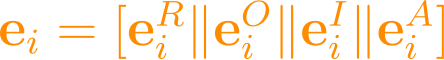 \mathbf{e}_i = [\mathbf{e}_i^R \| \mathbf{e}_i^O \| \mathbf{e}_i^I \| \mathbf{e}_i^A]