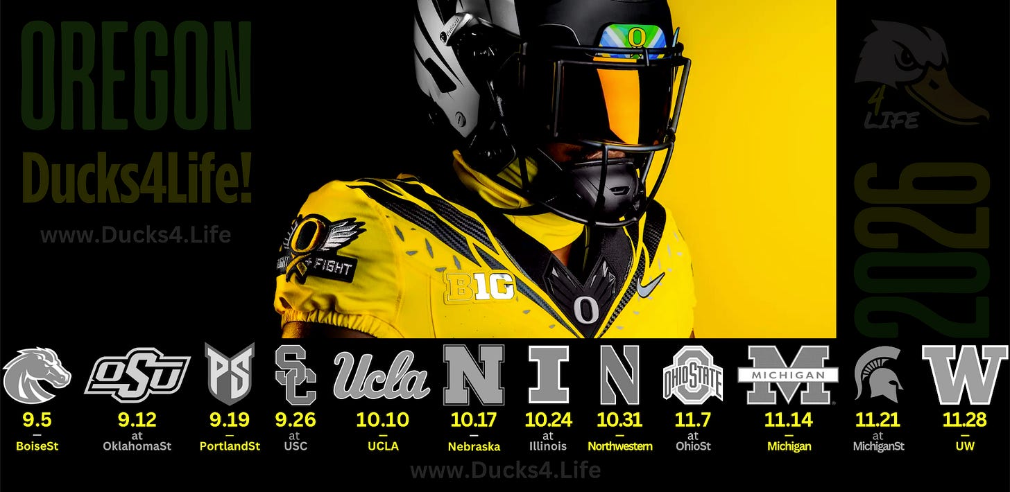 2026 Oregon Ducks football schedule graphic featuring Boise State, Oklahoma State, USC, UCLA, Nebraska, Ohio State, Michigan, Michigan State and Washington. Deals on seats, fan gear, and premium Oregon Ducks football coverage at www.Ducks4.Life 2026 Oregon Ducks football schedule graphic featuring Boise State, Oklahoma State, USC, UCLA, Nebraska, Ohio State, Michigan, Michigan State and Washington. Deals on seats, fan gear, and premium Oregon Ducks football coverage at www.Ducks4.Life