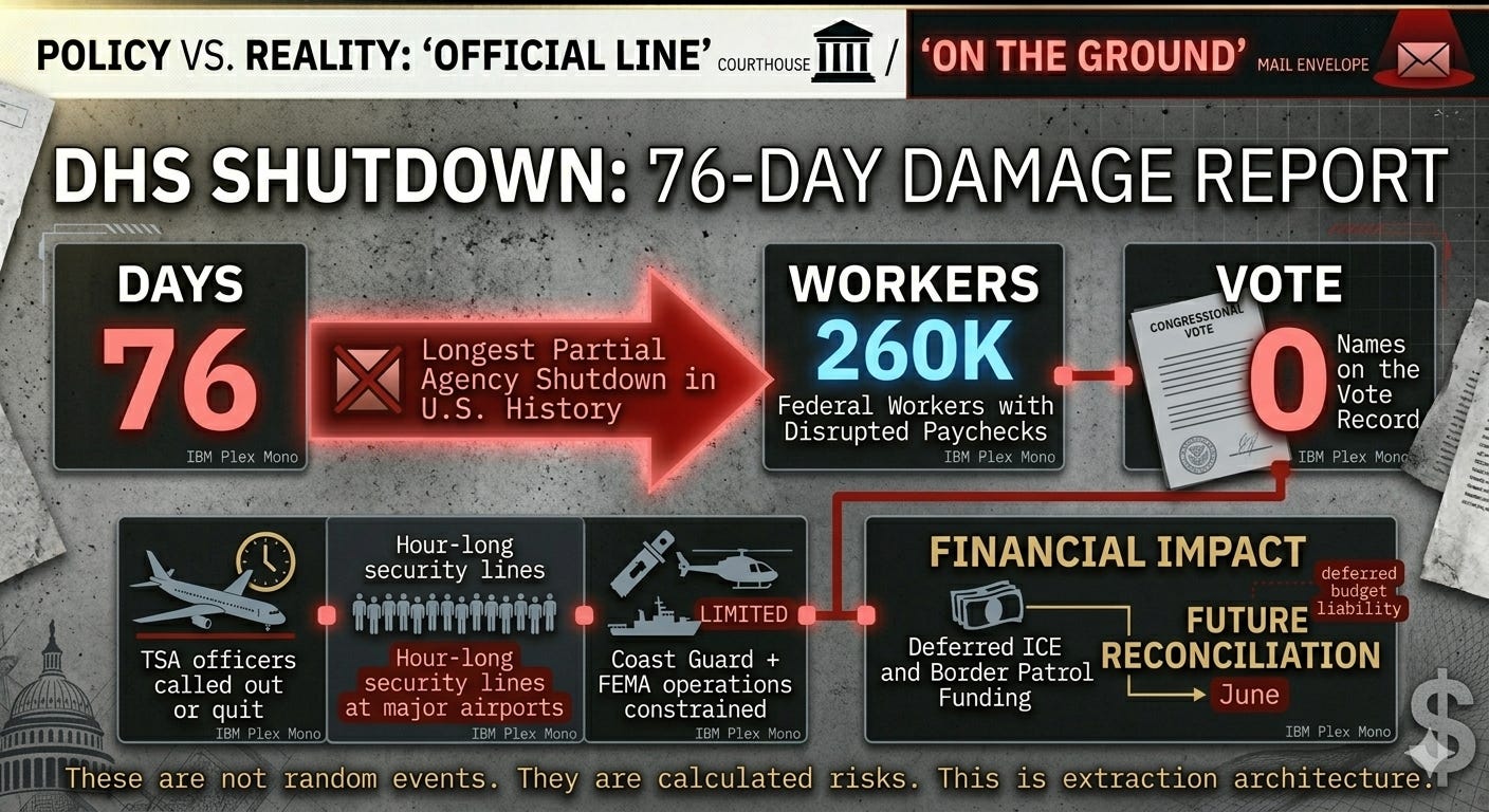 Rxan Smith Uncomfortable DHS Shutdown 76-Day Damage Report. Longest partial agency shutdown in U.S. history at 76 days, 260K federal workers with disrupted paychecks, 0 names on the vote record (voice vote). Urgent congressional data visualization from Rxan Smith Uncomfortable newsletter