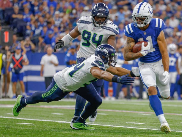 Michael Pittman of the Indianapolis Colts runs the ball during the game against the Seattle Seahawks at Lucas Oil Stadium on September 12, 2021 in...