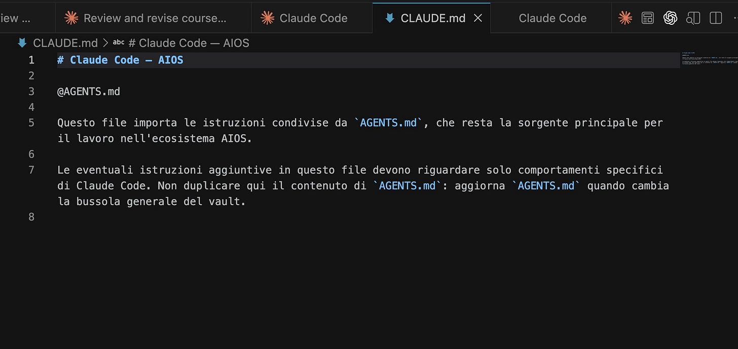 Esempio di file CLAUDE.md aperto in Visual Studio Code. Esempio di file CLAUDE.md aperto in Visual Studio Code.