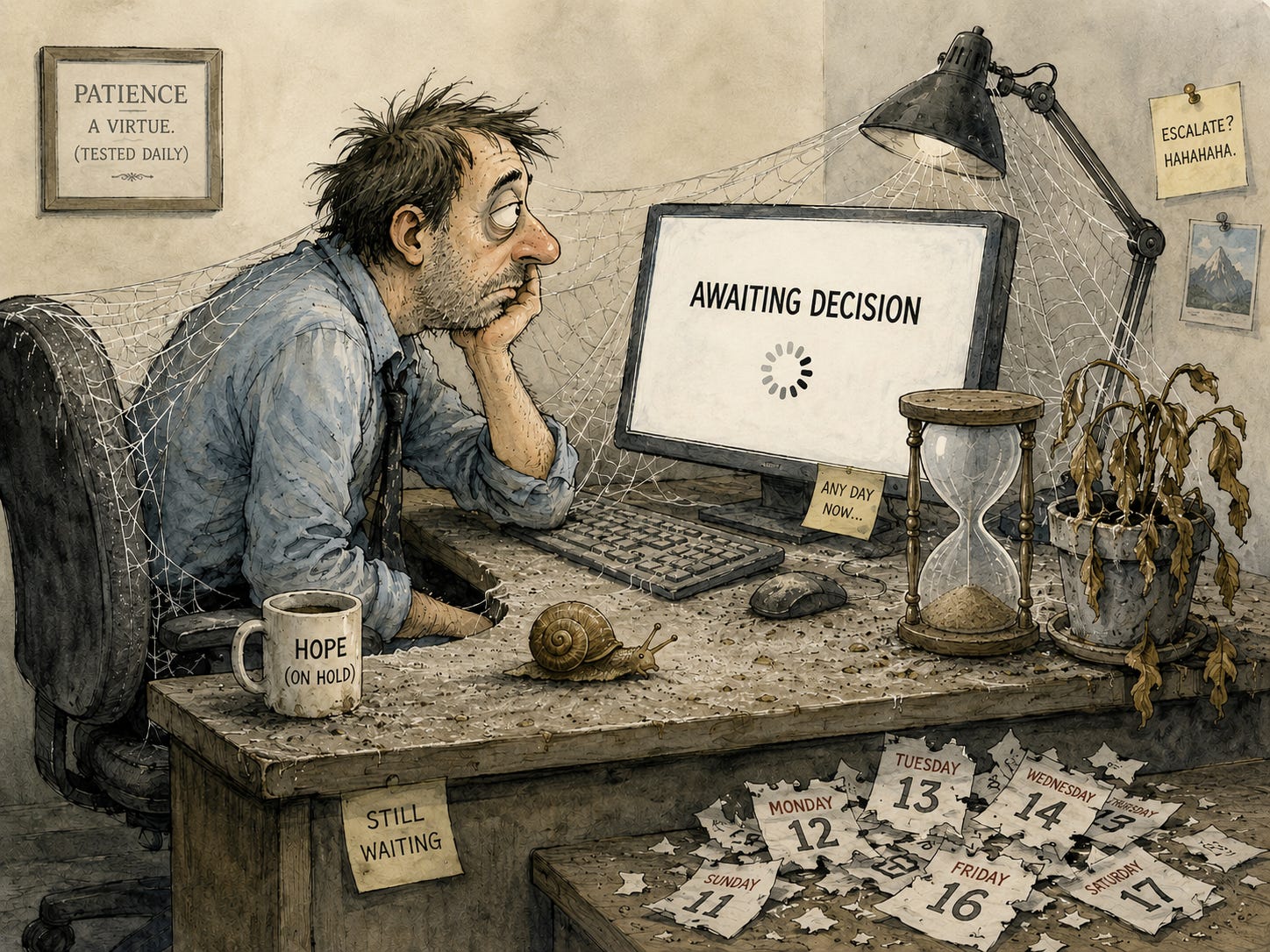 A cartoon of a man covered in cobwebs, slumped at his desk waiting for a screen reading "Awaiting Decision" with a loading spinner, surrounded by a wilting plant, sticky note saying “Any day now…”, a snail, a run-out hourglass, a mug reading “Hope (on hold)”, and torn calendar pages, with a wall sign reading "Patience. A virtue. (Tested daily)”. A cartoon of a man covered in cobwebs, slumped at his desk waiting for a screen reading "Awaiting Decision" with a loading spinner, surrounded by a wilting plant, sticky note saying “Any day now…”, a snail, a run-out hourglass, a mug reading “Hope (on hold)”, and torn calendar pages, with a wall sign reading "Patience. A virtue. (Tested daily)”.