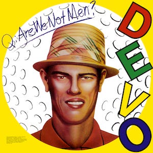 a man in a golf hat in front of a golf ball. text reads Q: are we not men  DEVO