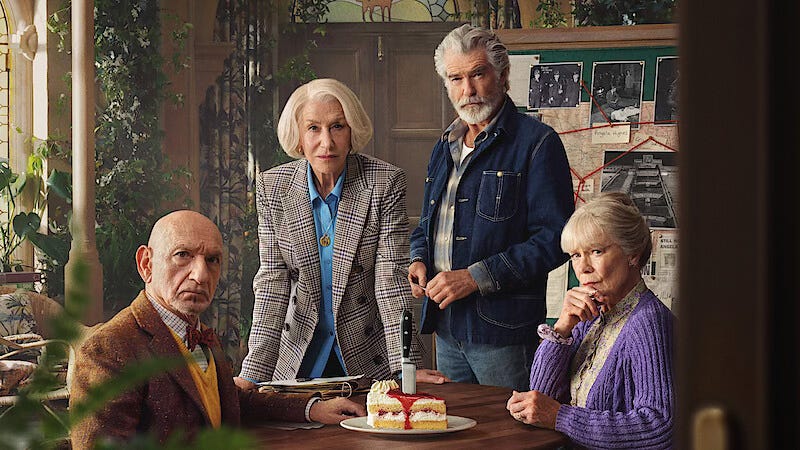 Helen Mirren, Sir Ben Kingsley, Pierce Brosnan, and Celia Imrie as the stars of the Thursday murder club movie on Netflix