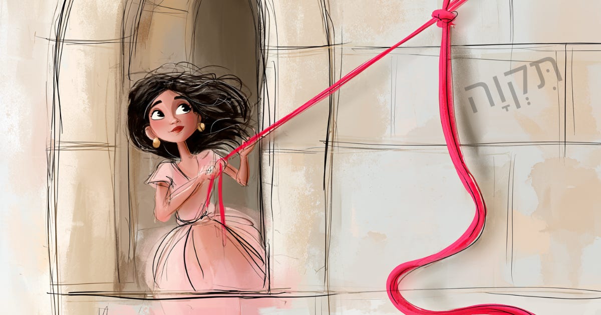 Whimsical watercolor illustration of a woman tying a scarlet cord to a stone window, representing Rahab and the Hebrew word tikvah.