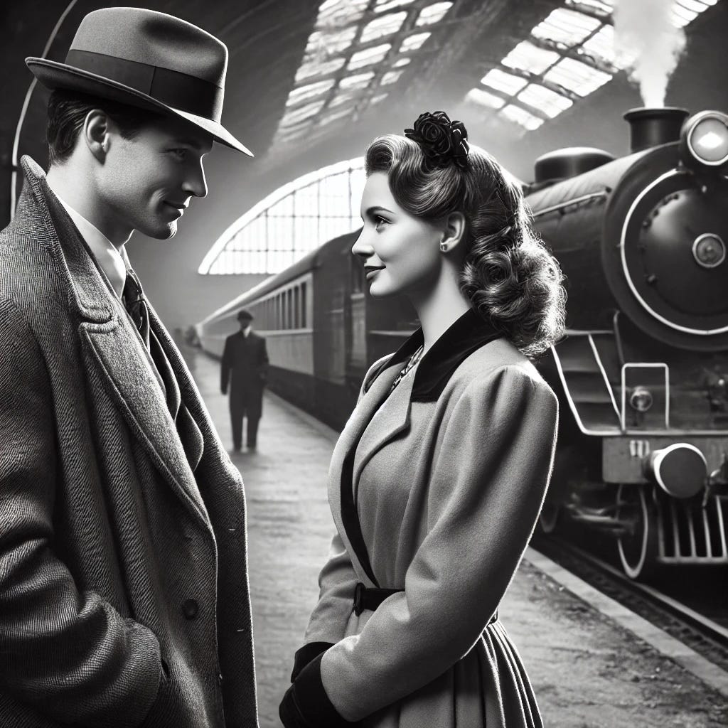 AI-generated photo of a 1940s couple at a train station