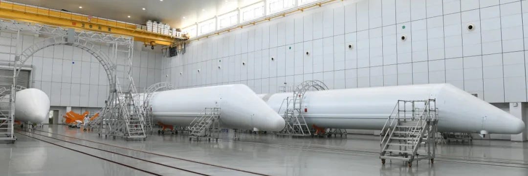 Boosters for the Long March 5B launch vehicle being prepared for launch.
