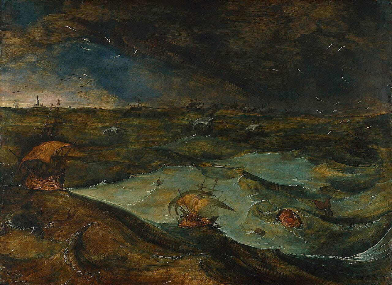 Ships heaving in a grey green swell with a whale surfacing