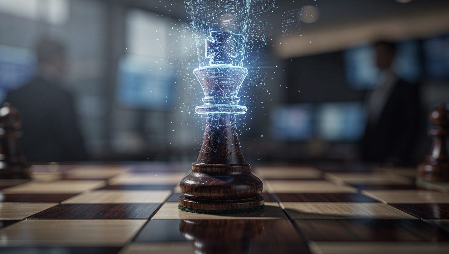 A high-end, professional close-up of a designer chessboard. In the center, a traditional wooden chess piece is fluidly morphing and transforming into a modern, translucent digital structure made of glowing blue light and data points. The transition is smooth and organic, symbolizing flexibility and adaptive strategy. The background is a blurred, sophisticated office or trading floor. Cinematic lighting, 8k resolution, clean composition, professional photography style. A high-end, professional close-up of a designer chessboard. In the center, a traditional wooden chess piece is fluidly morphing and transforming into a modern, translucent digital structure made of glowing blue light and data points. The transition is smooth and organic, symbolizing flexibility and adaptive strategy. The background is a blurred, sophisticated office or trading floor. Cinematic lighting, 8k resolution, clean composition, professional photography style.