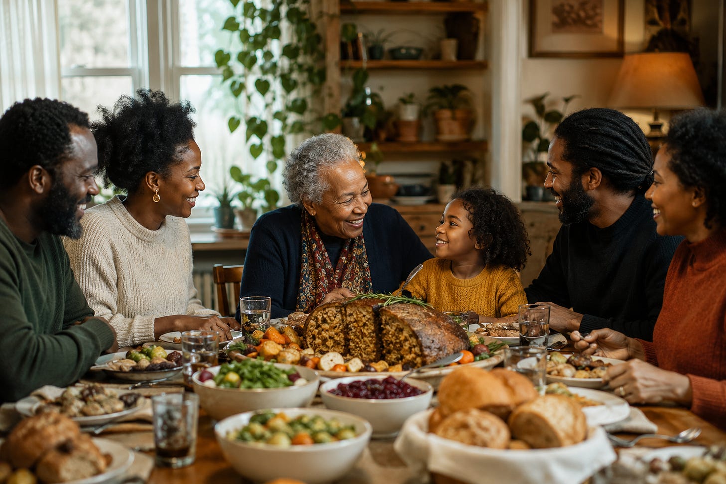 A multigenerational Black family sits around a warm, home dining table sharing a plant-based holiday meal. An older woman smiles with a young girl as other family members laugh and talk nearby. The table is filled with roasted vegetables, bread, salads, cranberry sauce, and a large plant-based centerpiece, creating a feeling of family tradition, memory, togetherness, and celebration.