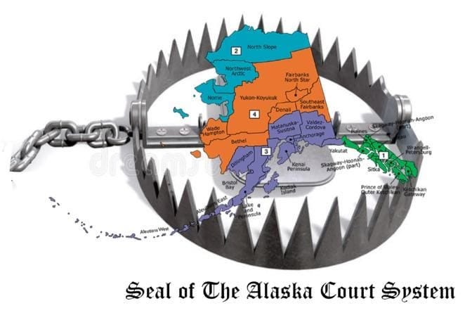 A bear trap with the state of alaska in it.