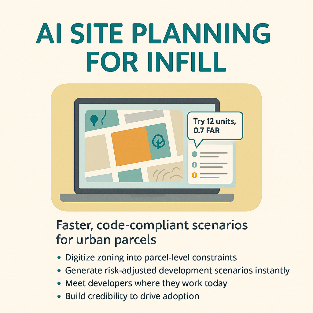 Image showing a laptop with urban parcel map, zoning overlays, and AI suggestion “Try 12 units, 0.7 FAR” for site planning