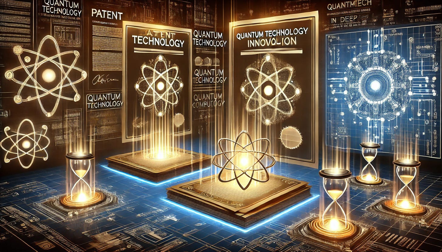 A high-tech and futuristic illustration representing quantum technology patents and innovation. Show glowing patent documents, digital blueprints, and quantum computing elements, symbolizing groundbreaking discoveries. The scene should convey exclusivity, innovation, and investment potential in deeptech. Horizontal layout.