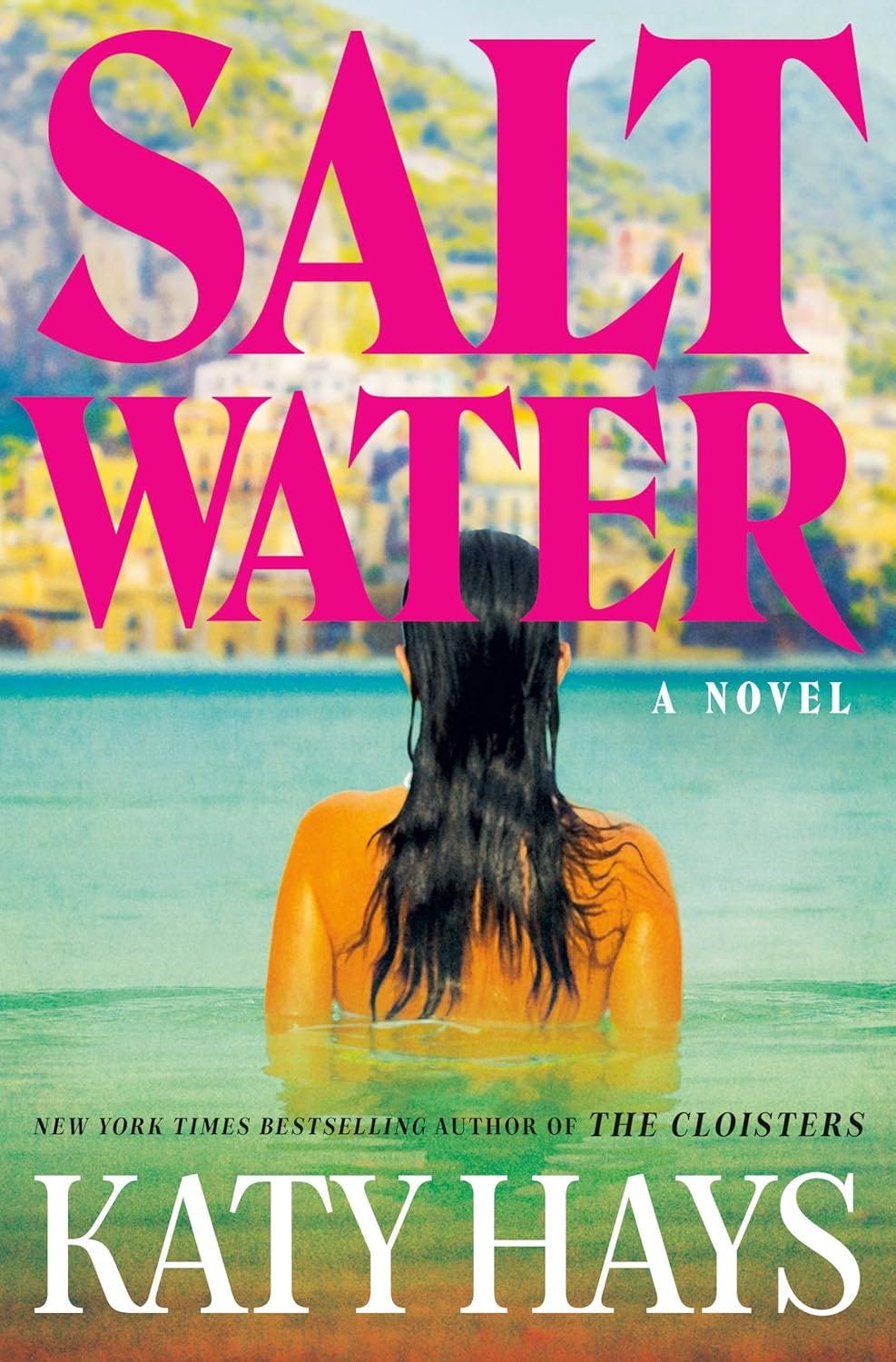 Cover of Saltwater by Katy Hays of a female's back coming from the water with 'Saltwater' in hot pink Cover of Saltwater by Katy Hays of a female's back coming from the water with 'Saltwater' in hot pink