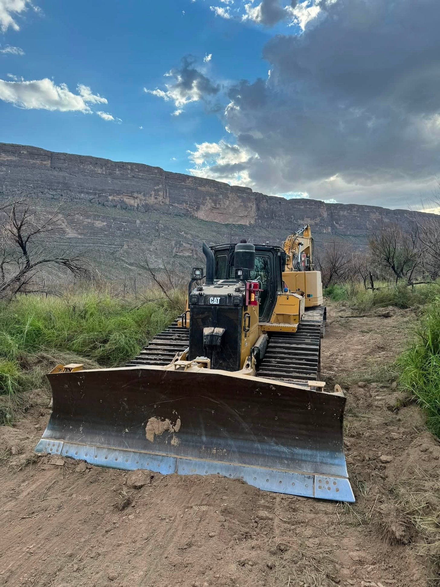 A border barrier construction contractor’s bulldozer in Big Bend National Park (Photo by Jay Kleberg via Facebook)