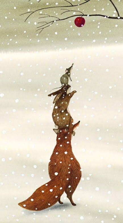 This may contain: two foxes are playing in the snow with an apple hanging from their mouths, and one is biting another animal's tail