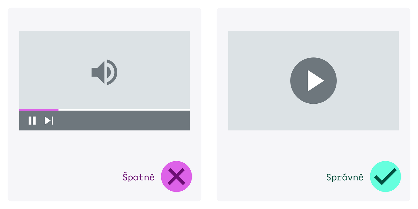 Vlevo (špatně) se video začne přehrávat automaticky. Vpravo (správně) se video přehraje až po spuštění uživatelem. Vlevo (špatně) se video začne přehrávat automaticky. Vpravo (správně) se video přehraje až po spuštění uživatelem.
