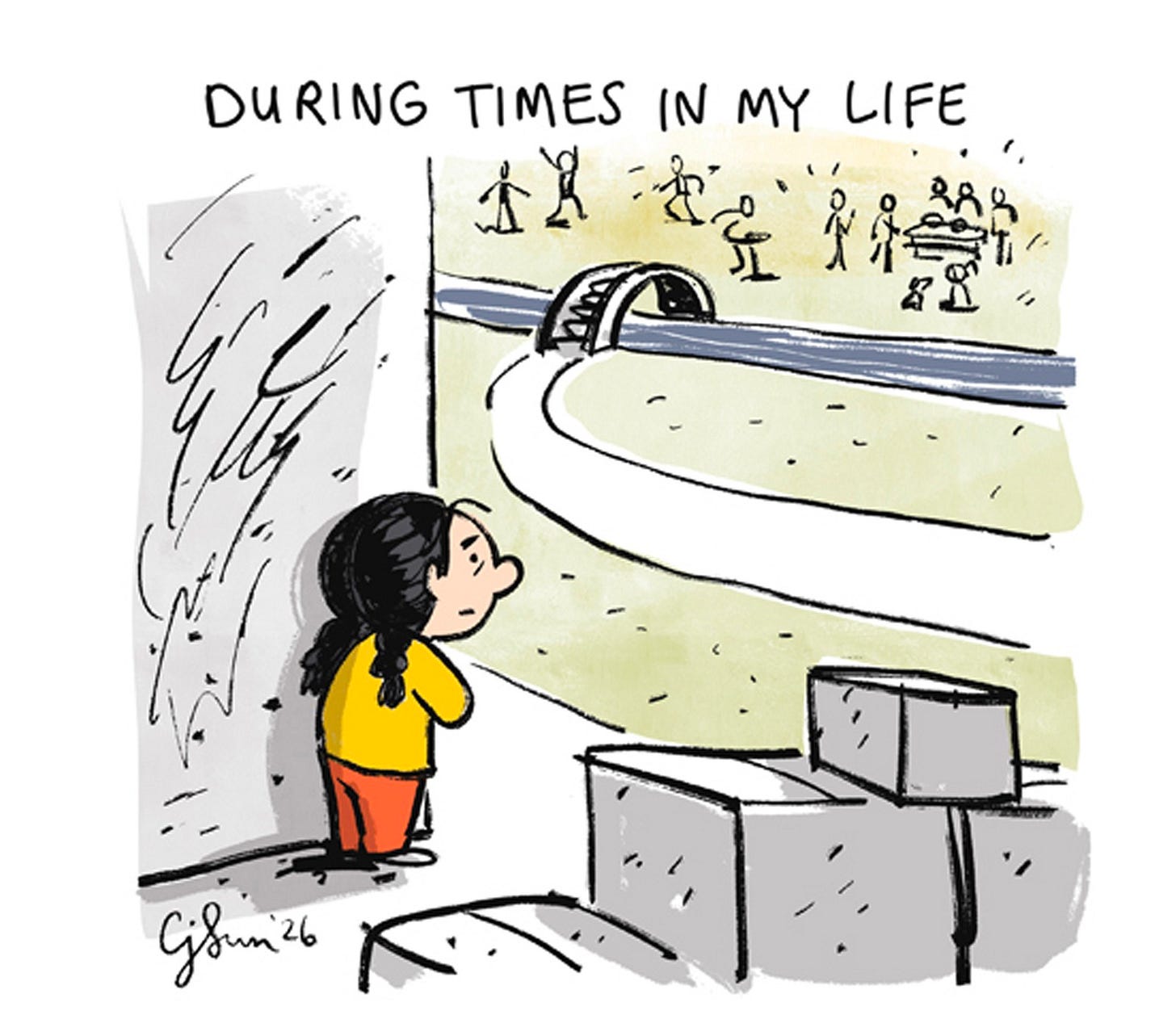 Panel 2/6 of a 6-panel comic strip illustrating a visual metaphor of how individuals can be a bridge to belonging, even when we feel isolated and alone. Titled "Bridges To Belonging," 2026, by Connie Sun, cartoonconnie. Panel 2/6 of a 6-panel comic strip illustrating a visual metaphor of how individuals can be a bridge to belonging, even when we feel isolated and alone. Titled "Bridges To Belonging," 2026, by Connie Sun, cartoonconnie.
