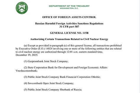 Newly issued General License No. 115B by the U.S. Treasury's Office of Foreign Assets Control authorises transactions with key Russian banks, previously sanctioned under the guise of civil nuclear cooperation, prompting fears of indirect financial relief for the Kremlin amid its ongoing war in Ukraine.
