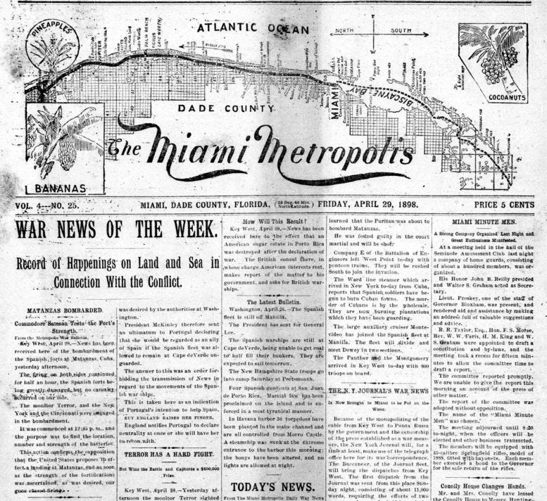 Figure 1: Front page of the Miami Metropolis on Friday, April 29, 1898. Courtesy of FIU Archives.