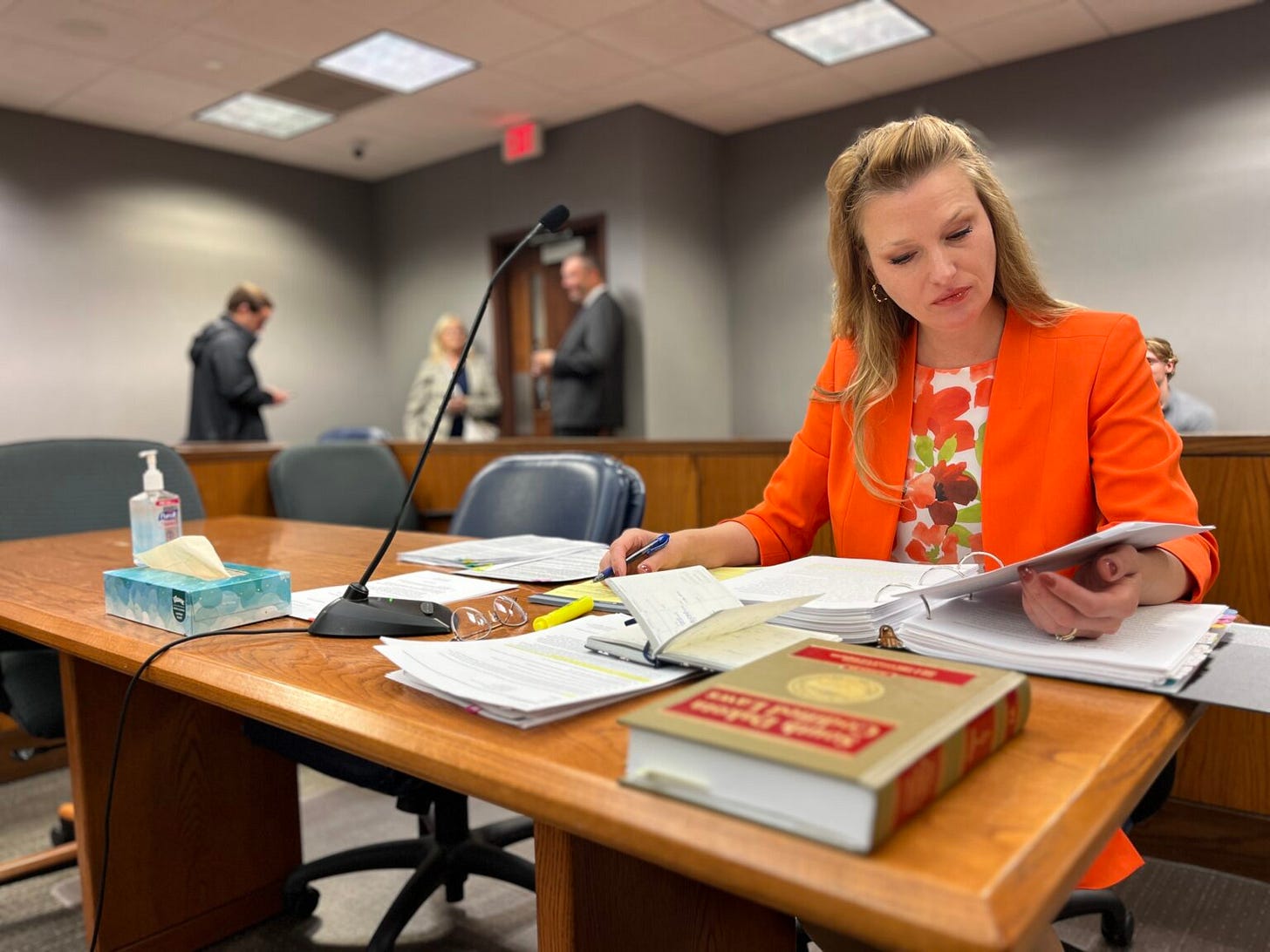 Life Defense Fund attorney Sara Frankenstein readies her case against against Dakotans for Health's abortion rights ballot measure in Sioux Falls on July 15, 2024. (Joshua Haiar/South Dakota Searchlight) Life Defense Fund attorney Sara Frankenstein readies her case against against Dakotans for Health's abortion rights ballot measure in Sioux Falls on July 15, 2024. (Joshua Haiar/South Dakota Searchlight)