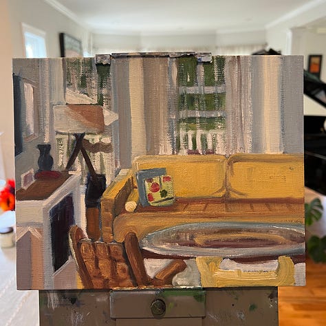 A collection of painted images, either outdoor or within rooms of a house.
