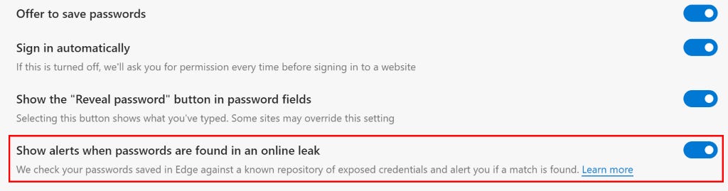 Microsoft Edge: Show alerts when passwords are found in an online leak Microsoft Edge: Show alerts when passwords are found in an online leak