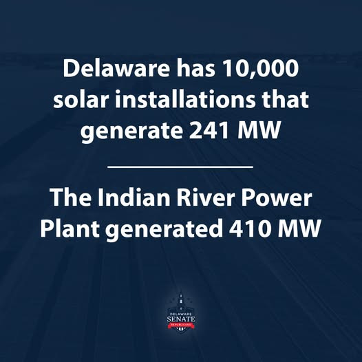 May be an image of text that says 'Delaware has 10,000 solar installations that generate 241 MW The Indian River Power Plant generated 410 MW LAWARE SENATE ा' May be an image of text that says 'Delaware has 10,000 solar installations that generate 241 MW The Indian River Power Plant generated 410 MW LAWARE SENATE ा'
