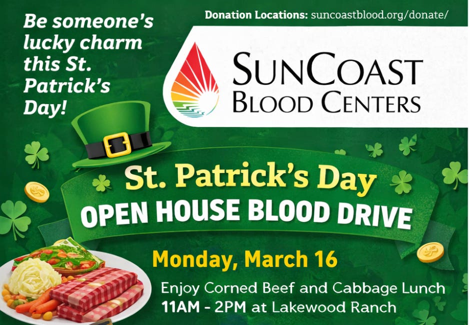 SunCoast Blood Centers to Host St. Patrick’s Day Open House Blood Drive