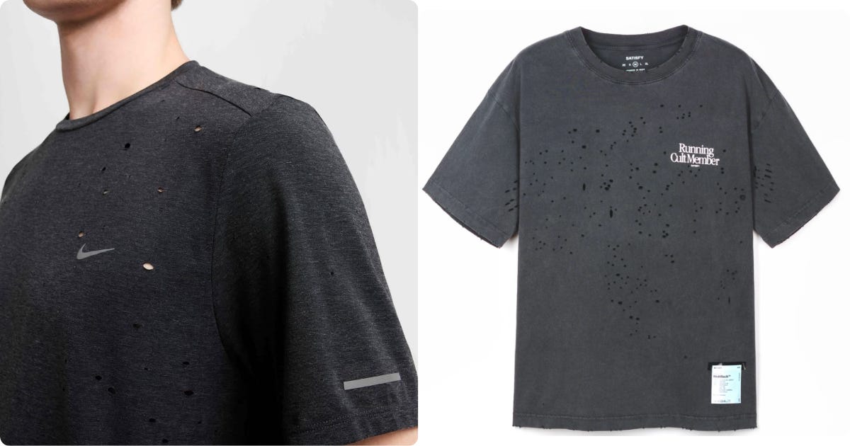 Side by side image of a Nike Dri-FIT Tee and the Satisfy MothTech T-Shirt Side by side image of a Nike Dri-FIT Tee and the Satisfy MothTech T-Shirt