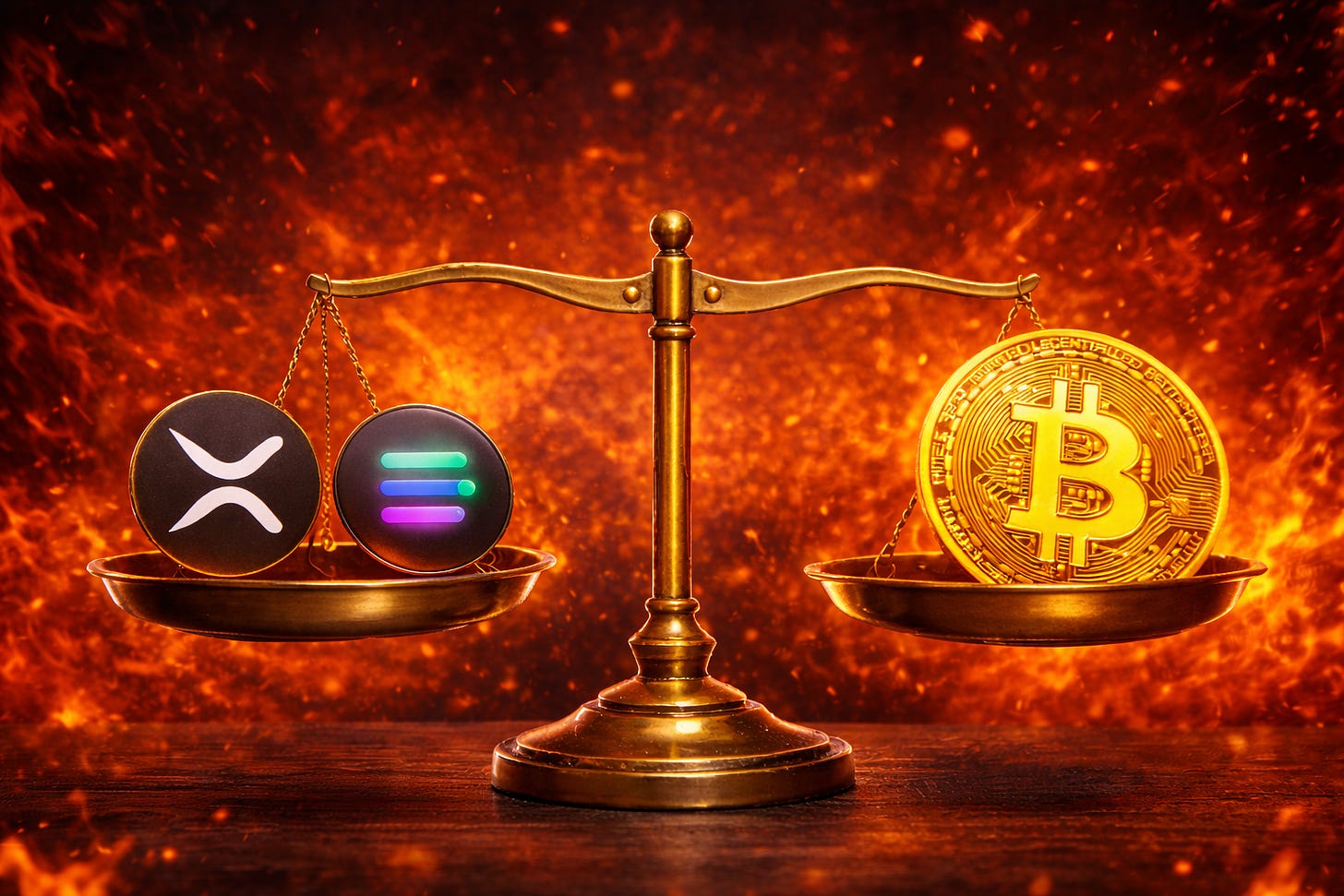 Balance scale comparing Bitcoin and altcoins, illustrating a market regime decision between risk-off and risk-on crypto assets. Balance scale comparing Bitcoin and altcoins, illustrating a market regime decision between risk-off and risk-on crypto assets.