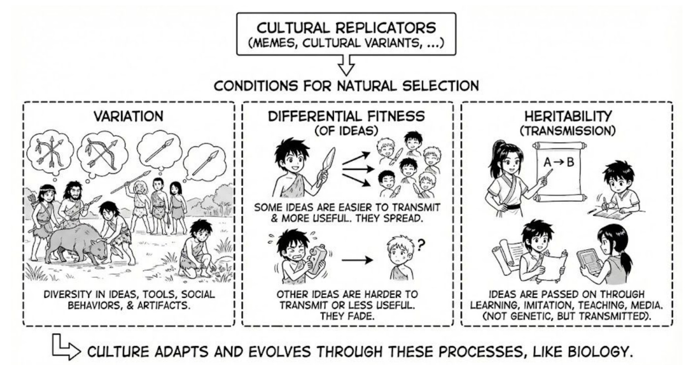 Diagram illustrating cultural evolution through variation, differential fitness, and heritability conditions.