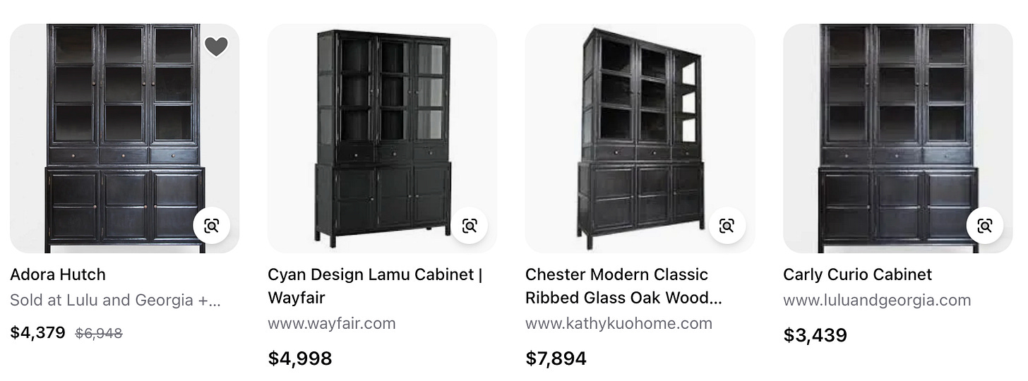 A black display cabinet with glass doors and lower storage drawers, shown from four retailers, shown with different names and prices ranging from $3,439 to $7,894.