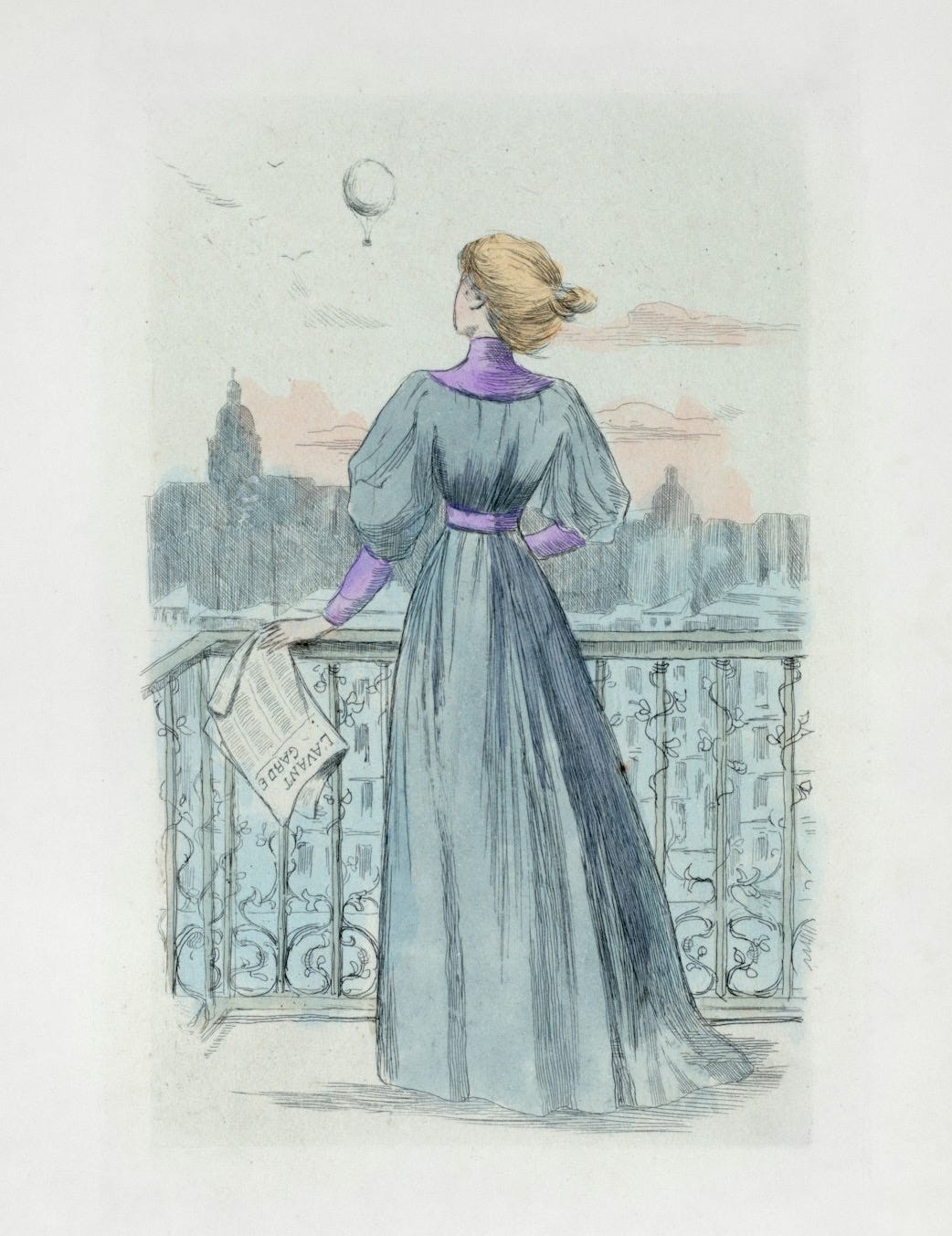 Woman in vintage dress on balcony overlooking city with balloon Woman in vintage dress on balcony overlooking city with balloon
