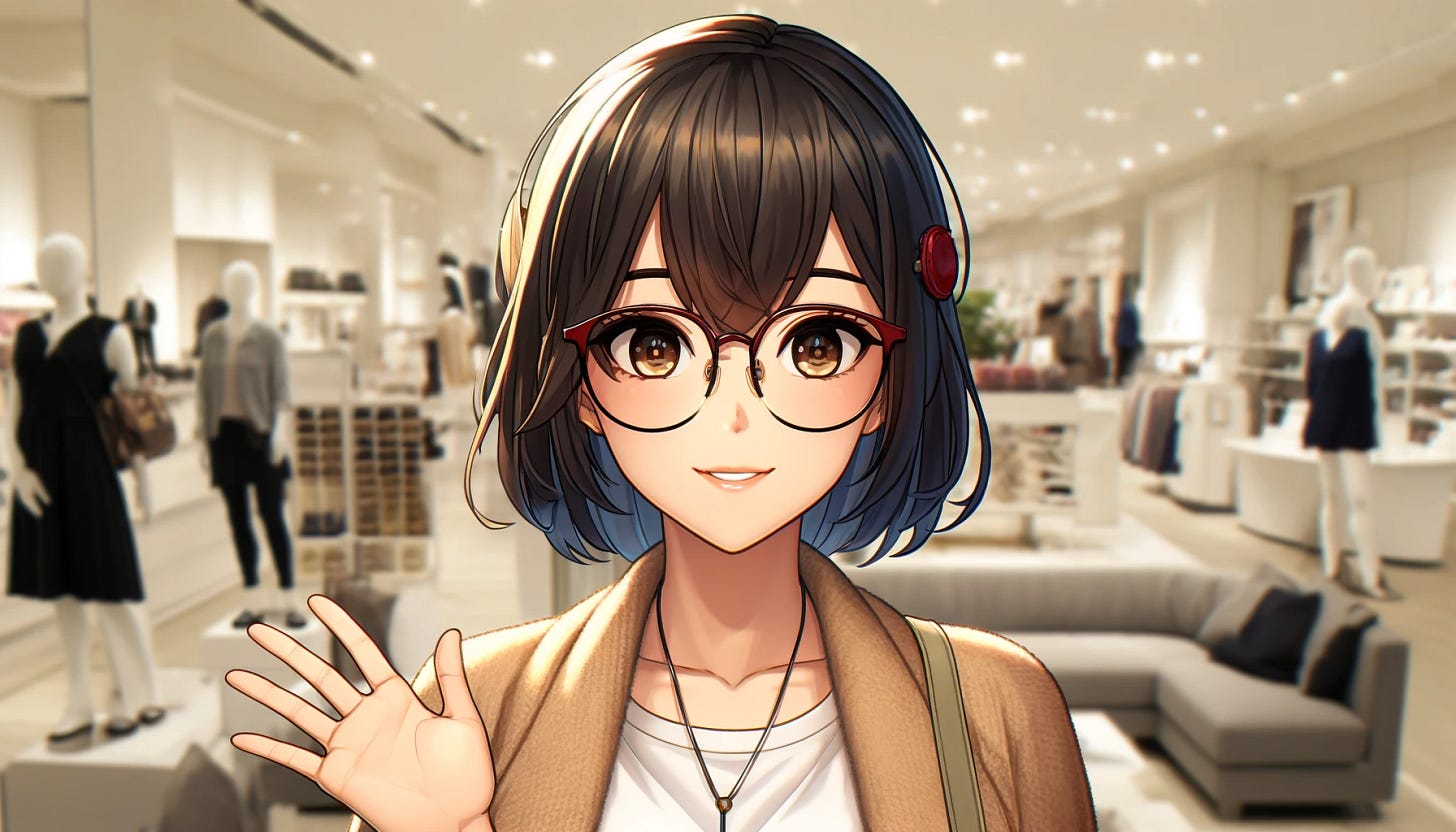 A closer, more zoomed-in horizontal 2D anime-style image featuring a different Japanese woman with a unique and likable style, wearing glasses, in the interior of a retail store. She should have a warm and inviting smile, with her hand raised and fingers spread wide apart. Her attire should be casual yet fashionable, enhancing her approachable and friendly demeanor.