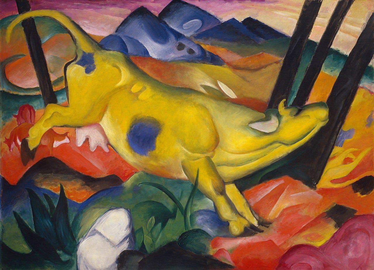A yellow cow with a blue patch on her flank leaping over red and green hills, from Franz Marc's Yellow Cow, 1911 A yellow cow with a blue patch on her flank leaping over red and green hills, from Franz Marc's Yellow Cow, 1911