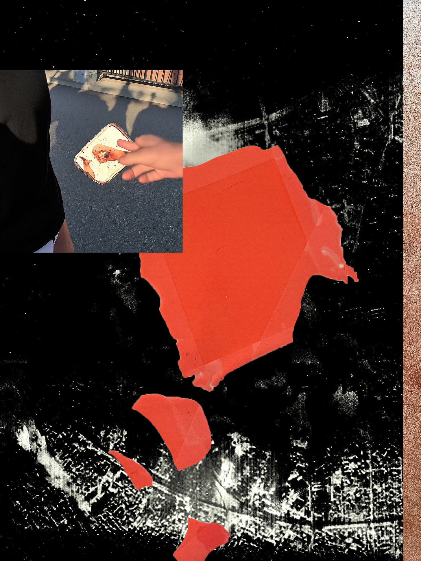 A hand reaches for a small object with an eye, set against a collage of red shapes and a dark textured background.