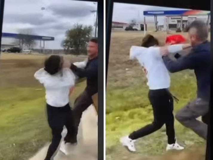Paired video screenshots showing Chad Watts, 45, pushing and striking a teenager during a protest. Left: Watts appears to strike the girl with his left hand as she lifts her arms to fend him off. Right: Watts continues to shove and flail at the girl as they leave the sidewalk and move down a roadside embankment to a drainage area. In his right hand is his red MAGA hat. 