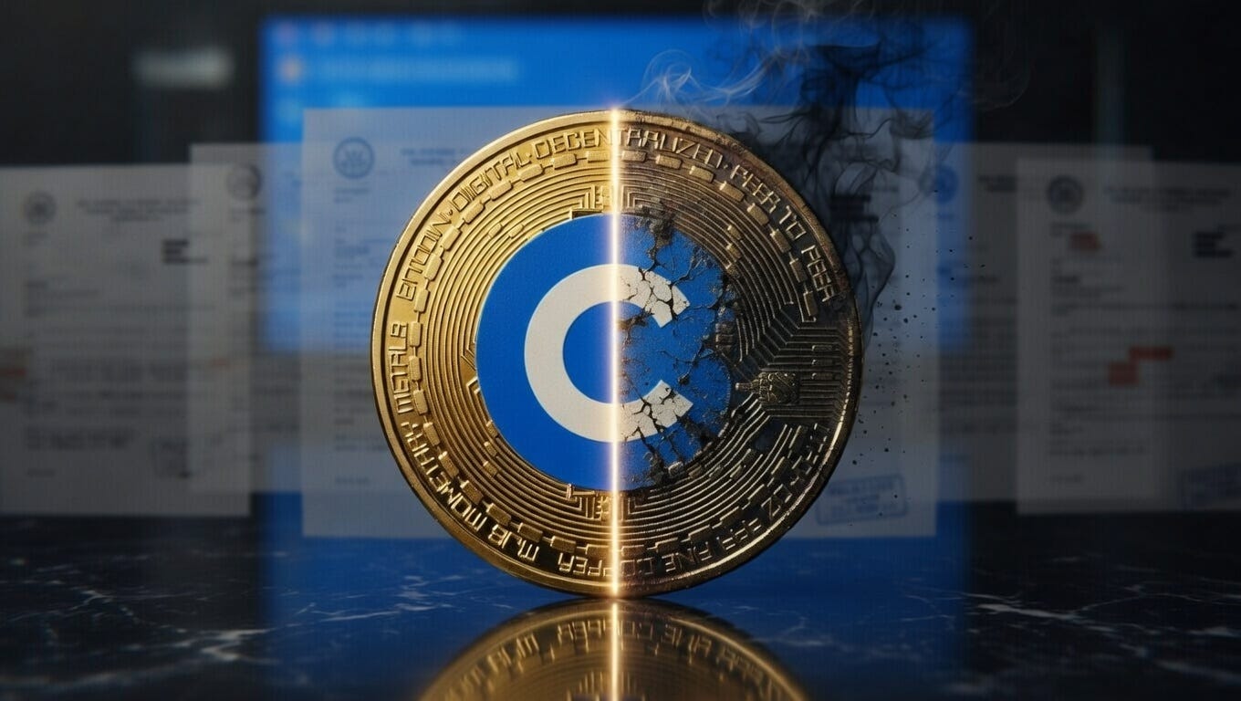 A gold coin bearing the USDC logo split down the middle, with the right half cracking and crumbling into smoke, set against blurred regulatory documents, symbolizing the fragility of stablecoins under government control A gold coin bearing the USDC logo split down the middle, with the right half cracking and crumbling into smoke, set against blurred regulatory documents, symbolizing the fragility of stablecoins under government control