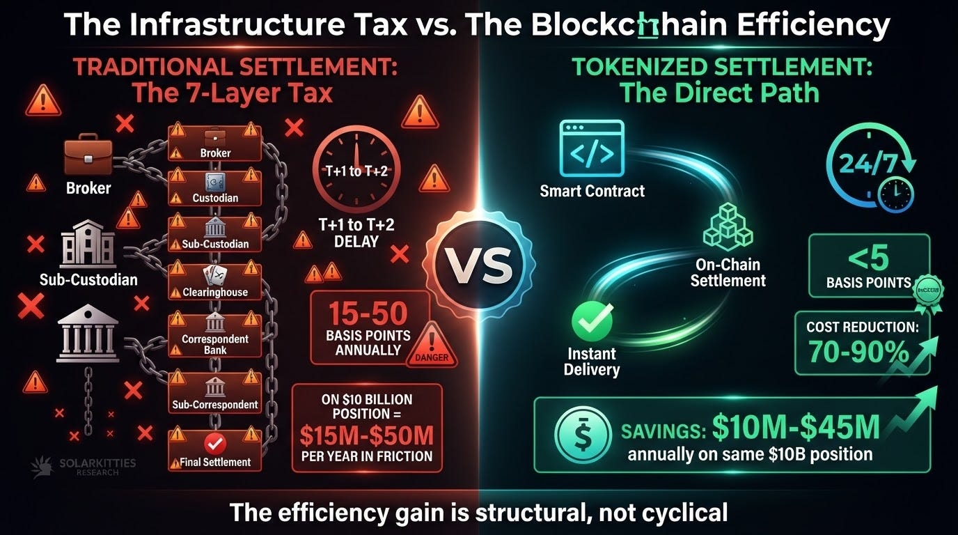The Infrastructure Tax vs. The Blockchain Efficiency — Traditional Settlement: 15-50 bps annually, 15M-$50M friction on $10B position. Tokenized Settlement: <5 bps, 70-90% cost reduction, 10M-$45M annual savings