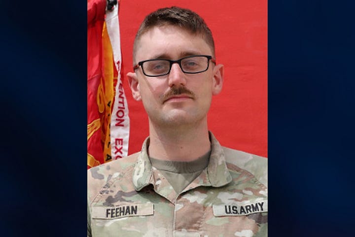 On the left, a picture of a young man in dark-rimmed glasses and a moustache wearing a U.S. Army uniform. ON the right, a young woman in an army uniform in front of an American flag.