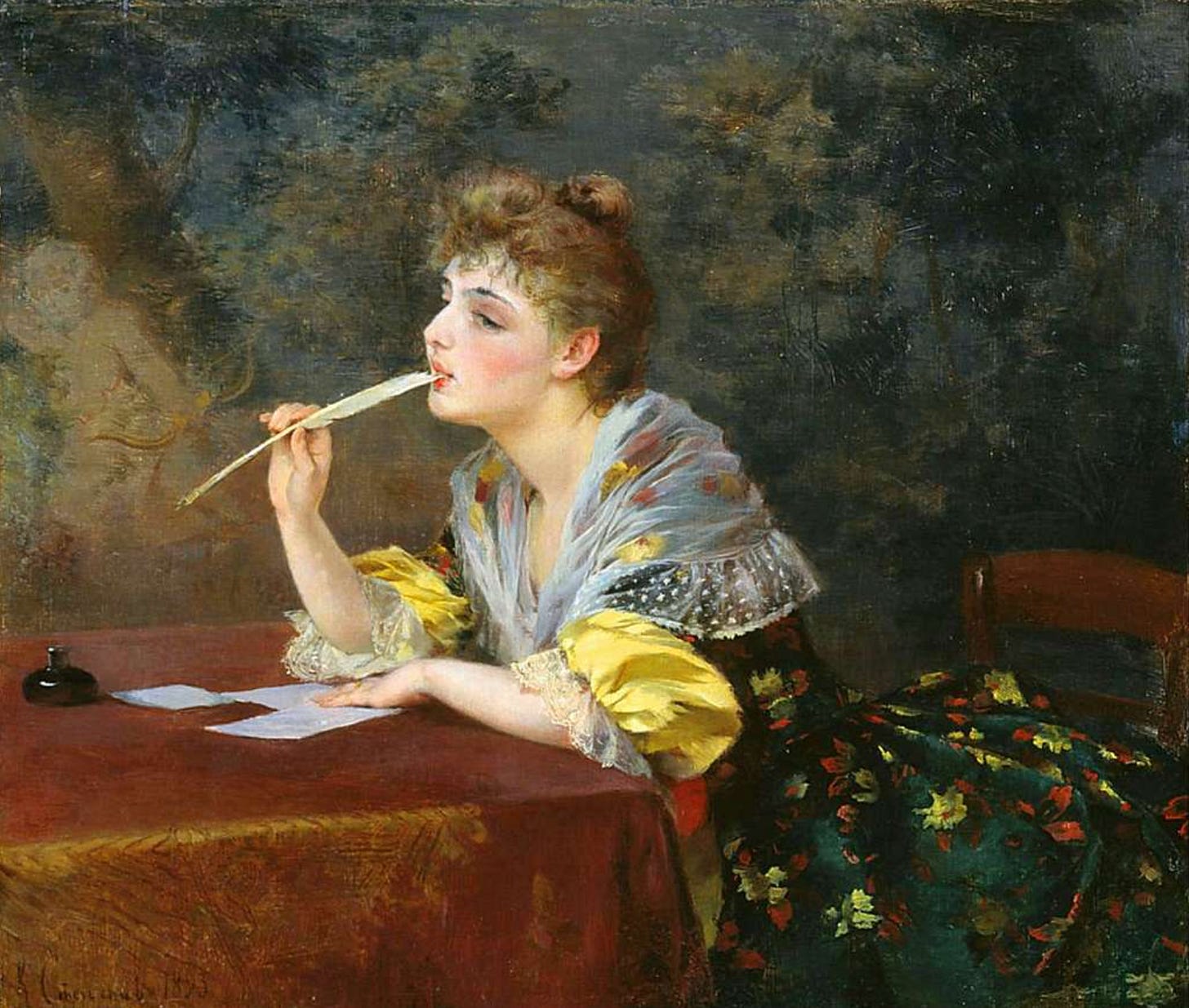 A painting of a young woman sitting at a table. She holds a feather quill pen to her lips and looks to be deep in thought. On the table are pieces of blank paper and an inkwell.