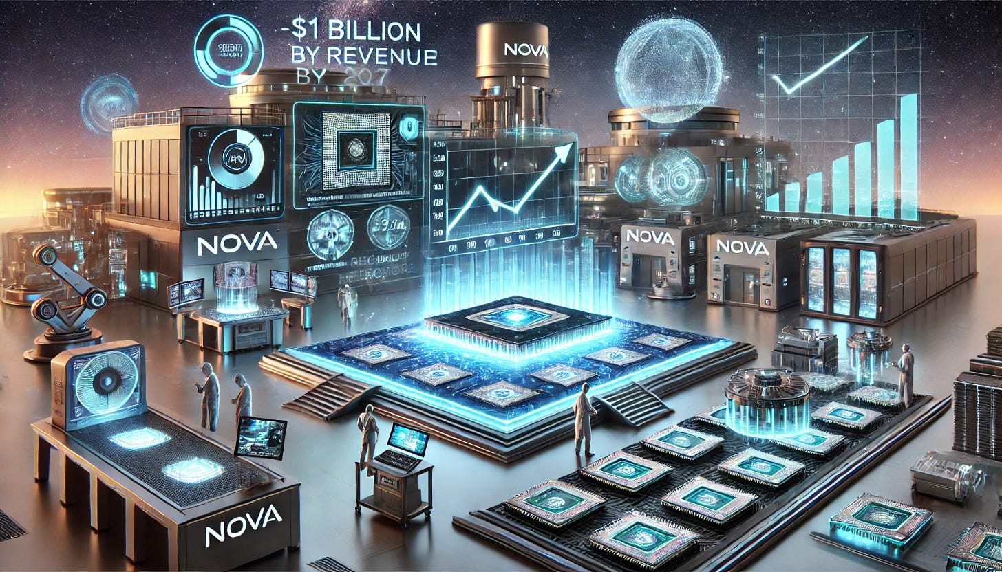 A 16:9 futuristic illustration showcasing Nova’s bold strategy to reach $1 billion in revenue by 2027. The scene features a high-tech Nova-branded semiconductor lab, where advanced metrology equipment is analyzing glowing silicon wafers. Holographic financial charts display projected revenue growth and market share expansion. Engineers and AI-driven robotic systems oversee cutting-edge logic, memory, and advanced packaging technologies. The background features a futuristic semiconductor facility, symbolizing Nova’s leadership in precision metrology and its push toward the next frontier.