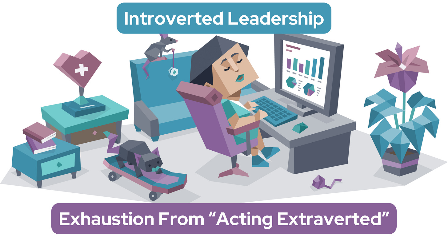 An exhausted woman sits at her desk in her office with her eyes closed in front of the computer, which shows graphs. Nearby, a mouse plays with a yoyo and a cat sits on a skateboard. Text reads: Introverted Leadership. Exhaustion From “Acting Extraverted” An exhausted woman sits at her desk in her office with her eyes closed in front of the computer, which shows graphs. Nearby, a mouse plays with a yoyo and a cat sits on a skateboard. Text reads: Introverted Leadership. Exhaustion From “Acting Extraverted”