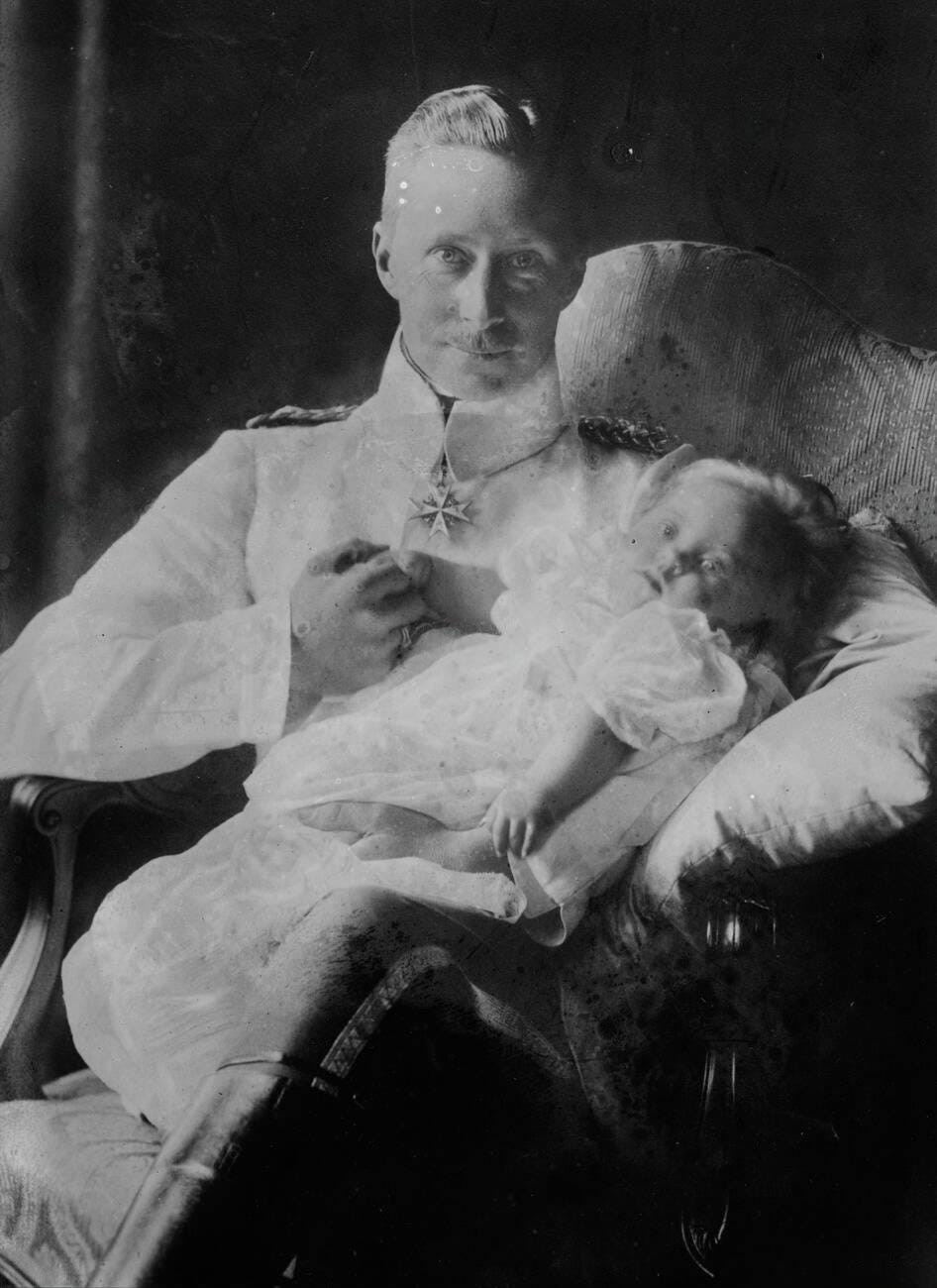 Crown Prince Wilhelm of Germany (1882-1951) and his daughter Princess Alexandrine, who was born with Down syndrome, captured in a rare photograph from 1916.